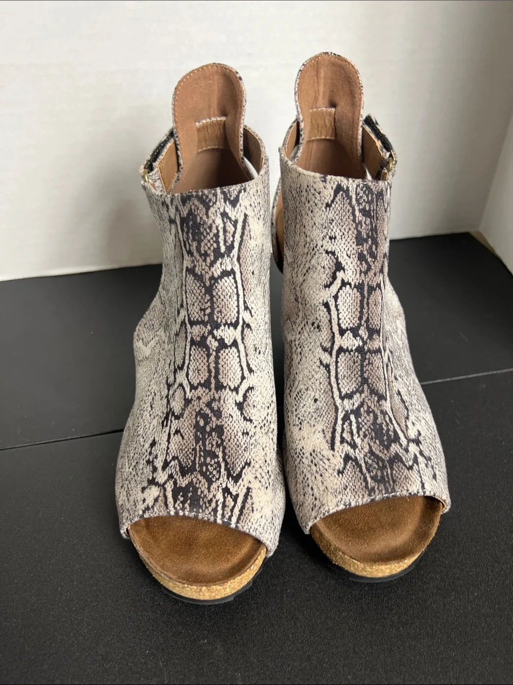 Corkys Snake-Print Peep Toe Wedge Sandals - Tan and Black